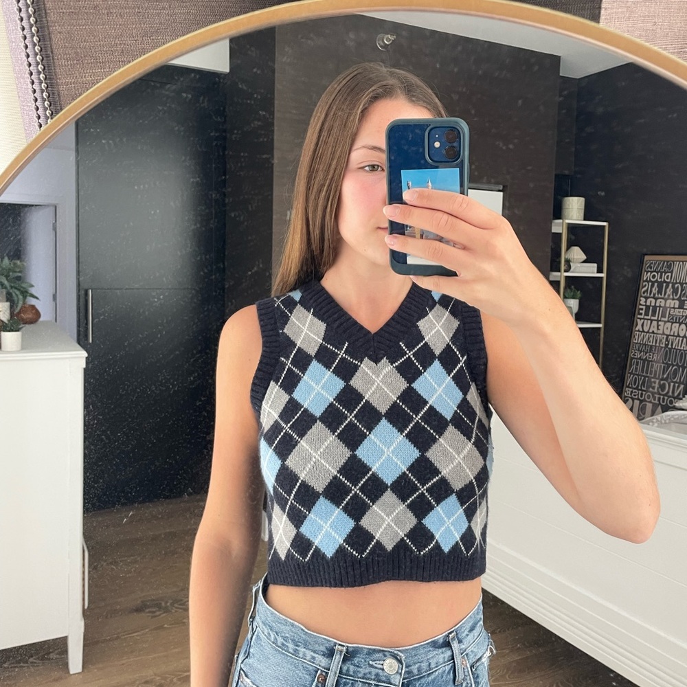 Womens Sweater Vest Argyle Plaid Crop Sweaters Sleeveless Preppy Style Tank Tops
